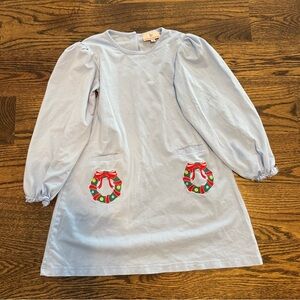 Kids Light Blue Dress with Festive Wreath Design